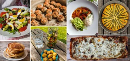 Kolaż z kompozycją posiłków przy cukrzycy i insulinooporności. Brokułowe kulki z serem, zdrowe tłuszcze, curry z cieciorki, młode ziemniaki i sałatka z awokado i łososiem, quiche ze szparagami. Cukrzyca i insulinooporność.