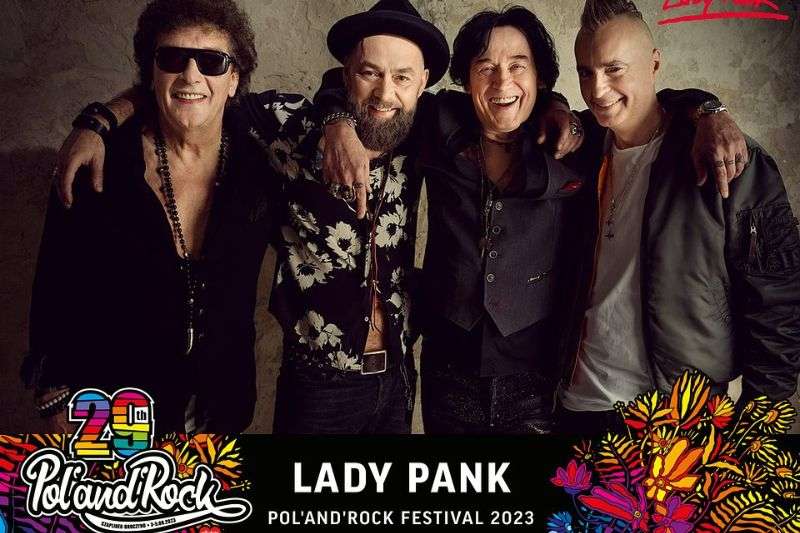 Członkowie zespołu Lady Pank. Pod spodem napis: "Pol’and’Rock Festiwal"