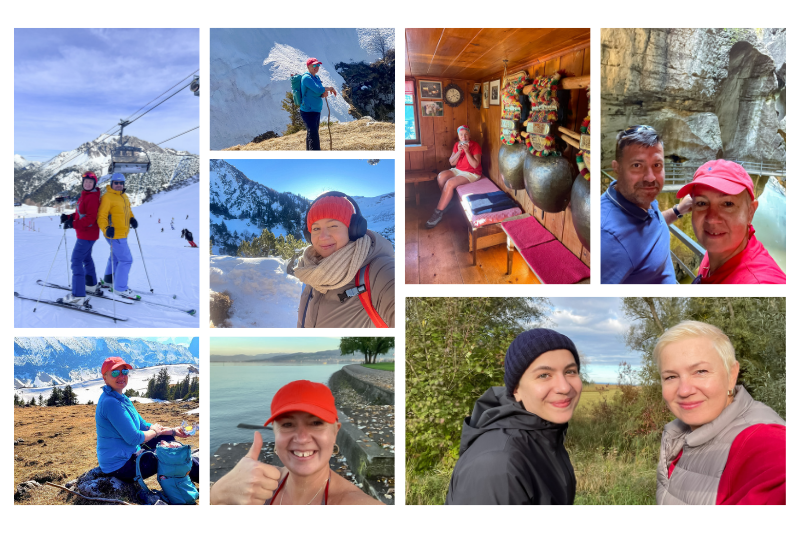 Kolaż zdjęć Gosi, jej męża i córki podczas wypraw po Szwajcarii.