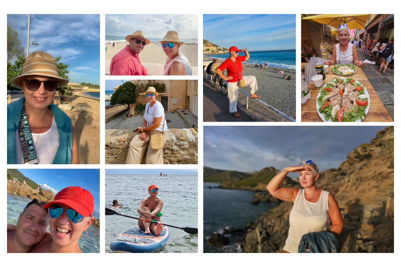 Kolaż zdjęć Małgorzaty z jej zagranicznych podróży.